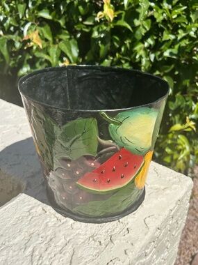 Hand-Painted Fruit Metal Planter - Black Background with Watermelon & Pear
